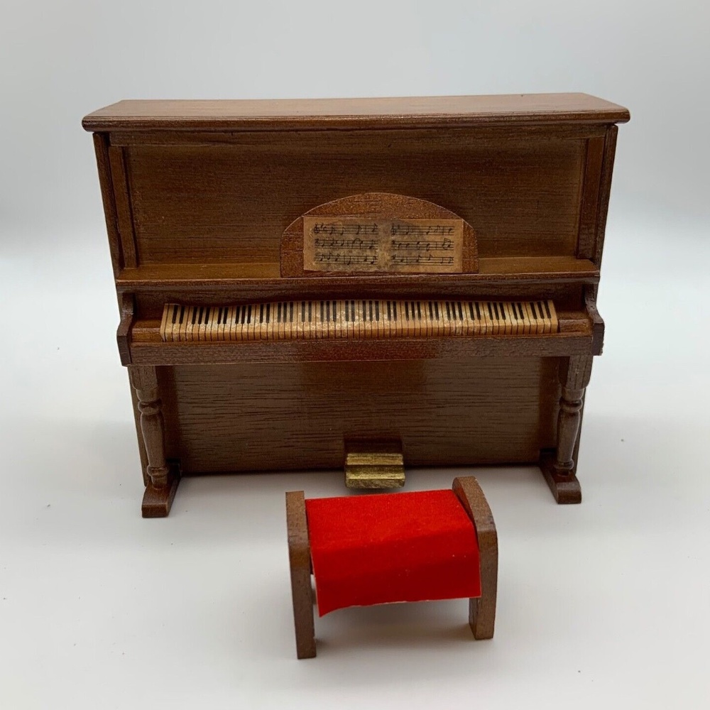 Vintage Dollhouse Miniature Upright Wooden Piano with Bench Dollhouse Furniture